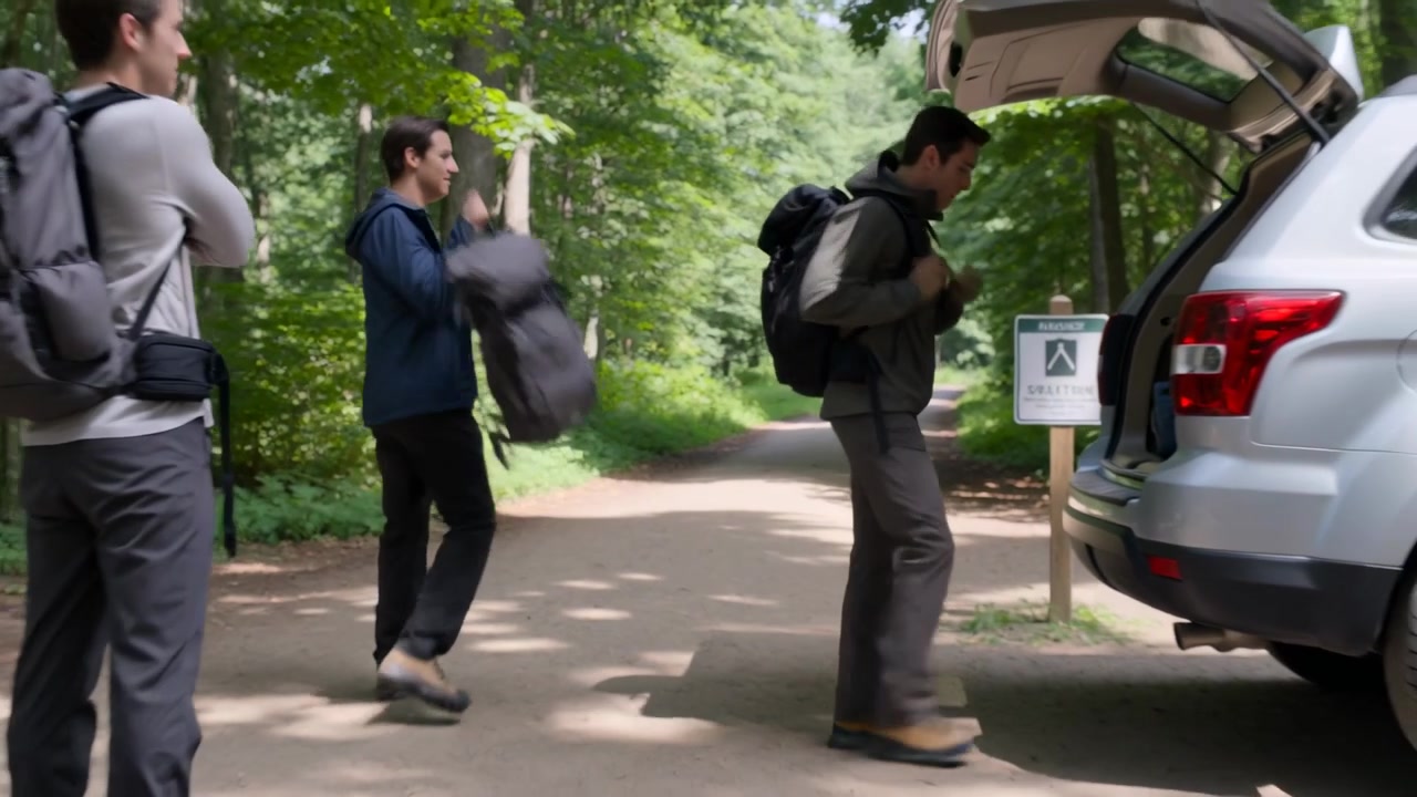 登山口に到着した灰色のジャケットの男性が、ズボンを調整し、車内で荷物を整理しながらハイキングの準備をしている。
