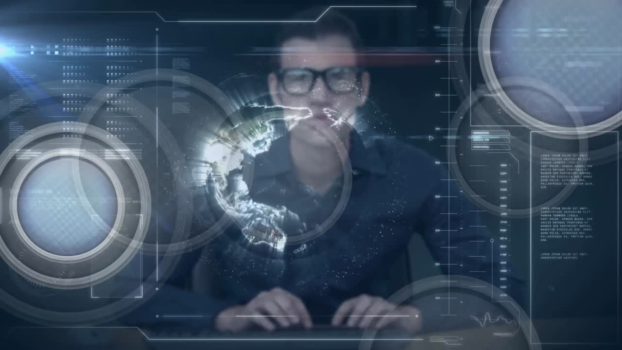 hombre de negocios escribiendo en la computadora con el globo giratorio