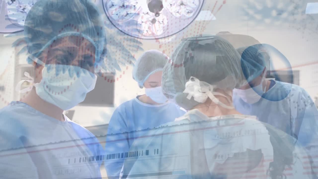 수술실에서 얼굴 마스크를 착용하는 다양한 외과 의사들에 대한 코로나 19 세포의 애니메이션