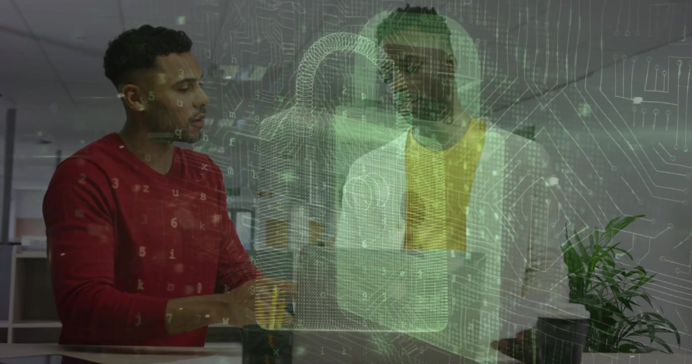 Animation of network of connections and delivery man over woman in warehouse