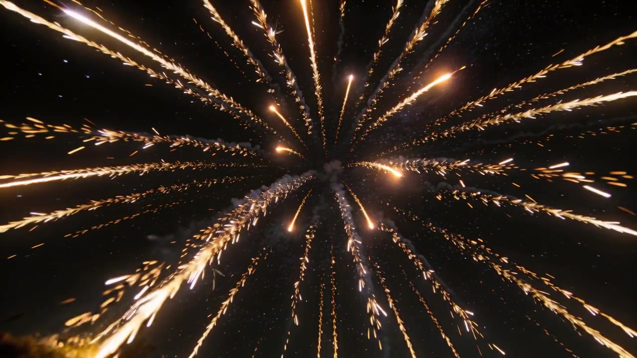 Un fuoco d'artificio che esplode, creando scie dorate simili a comete nel cielo notturno sopra un orizzonte basso, con un pennacchio di fumo.