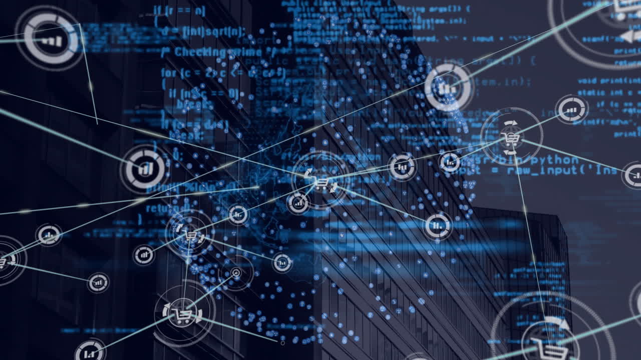 Animating network connections and data processing over city buildings