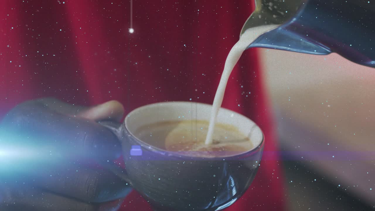 Barista tilting pitcher pouring milk into espresso crafting latte art with UI overlays animating