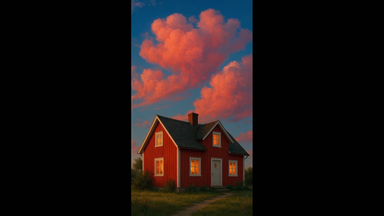 A Red House Under Pink Clouds at Sunset