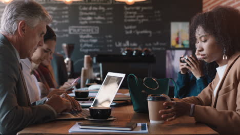 diverse business people working in cafe bustling with activity drinking coffee relaxing on lunch using technology in busy restaurant