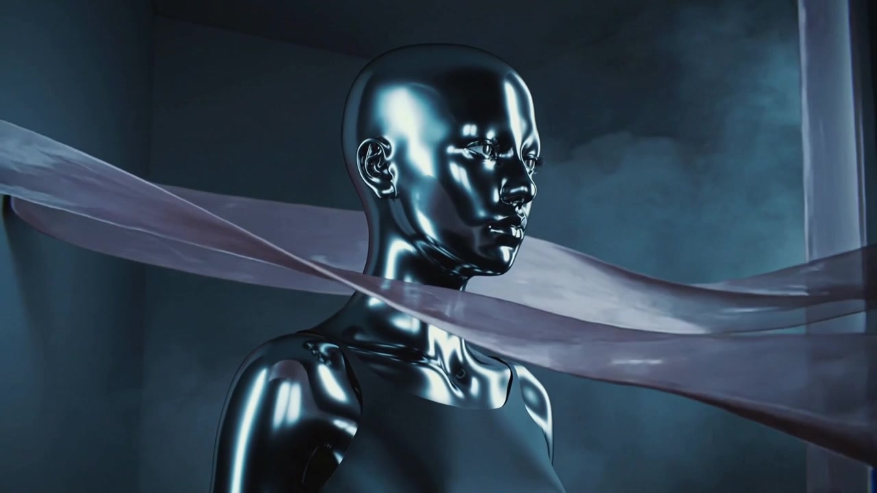 Panning camera revealing chrome mannequin bust in studio with drifting ribbons showing highlights