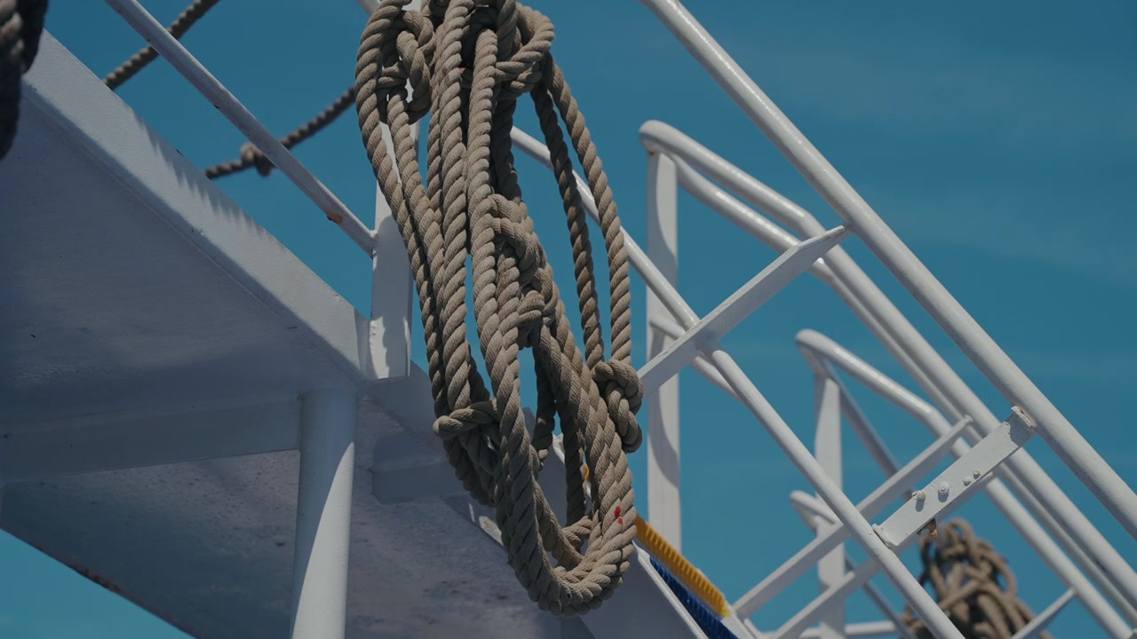 Thick mooring rope looped over white metal handrail of ship deck under clear blue sky