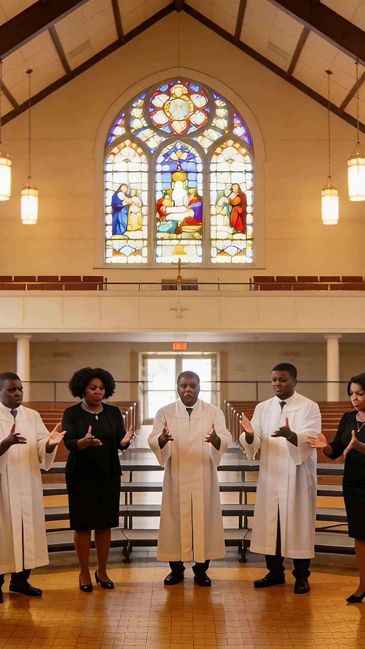 Vertical video: Singing choir in robes, dresses raising hands at hymn cue in church, stained-glass