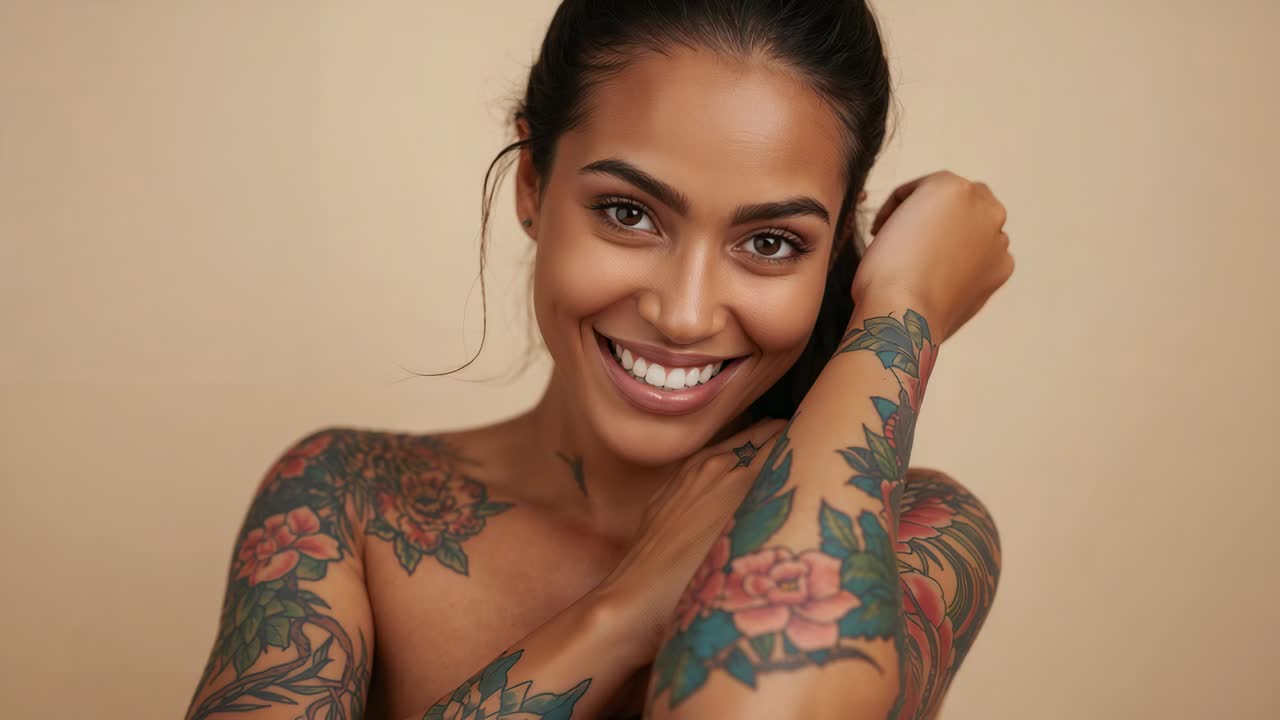 Donna sorridente a spalle scoperte che posa per un ritratto in studio, camera che riprende e mostra tatuaggi floreali
