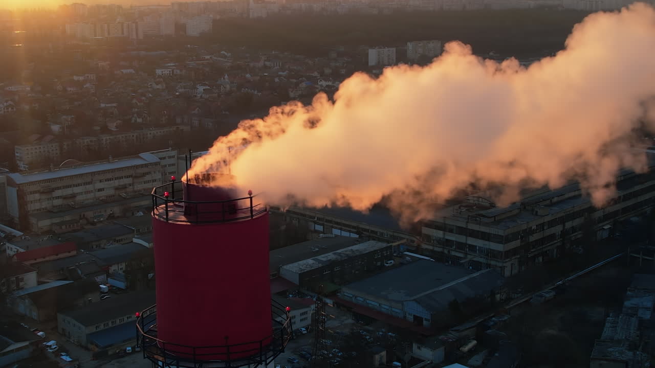 Vista aerea da drone della centrale termoelettrica di Chișinău al tramonto, Moldavia. Vista di un tubo con vapore che fuoriesce, paesaggio urbano sullo sfondo