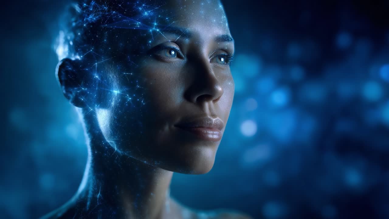 A Stunning Representation of Advanced AI and Digital Human Connection Showcasing Futuristic Technology with a Woman's Face Illuminated by Light and Data Patterns