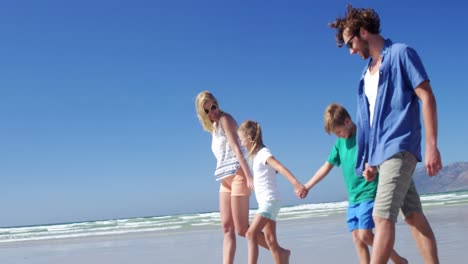 family holding hands while walking on shore at beach