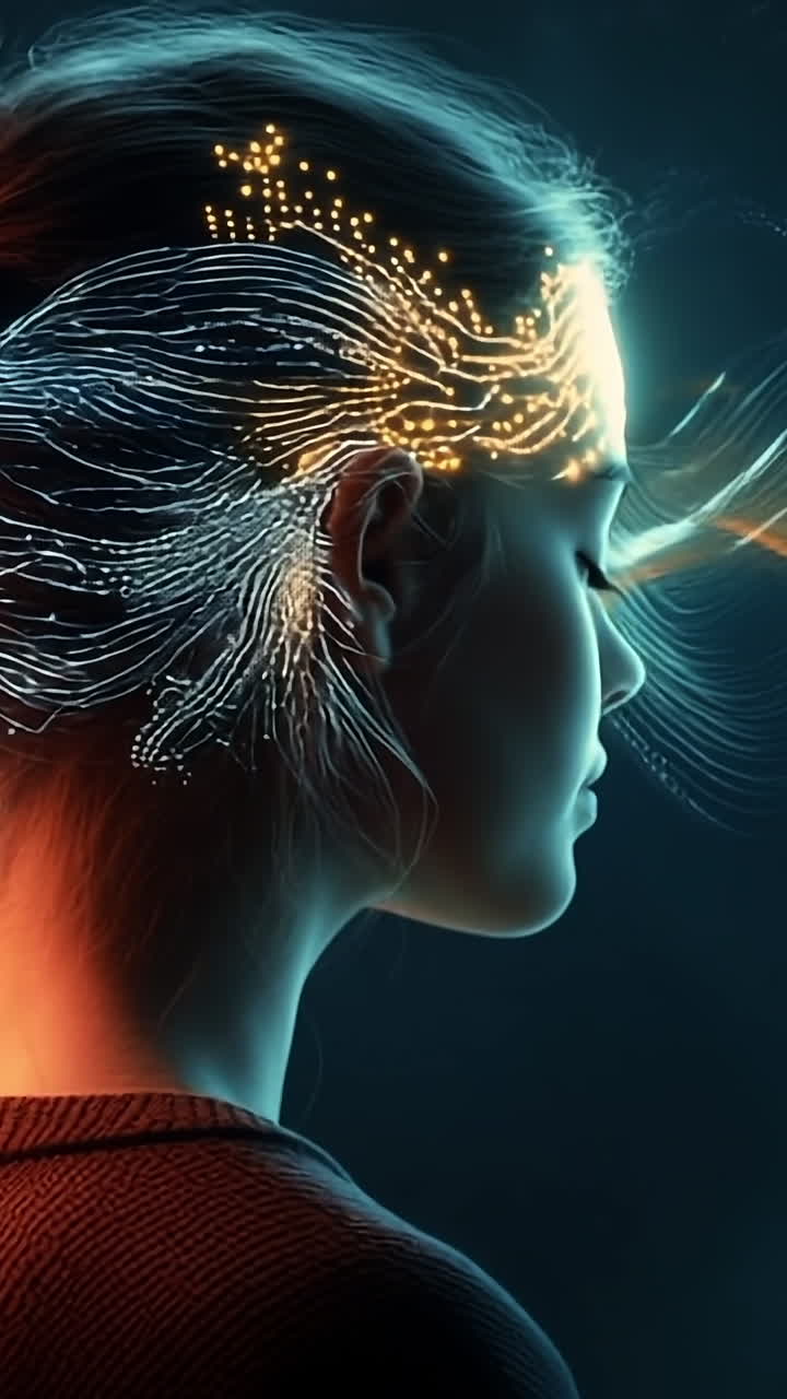 Digital art exploring the human mind. A woman stands with her eyes closed, surrounded by vibrant light waves representing thoughts and emotions.