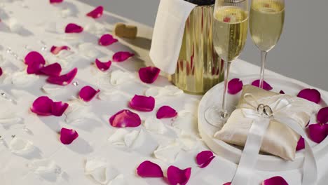 table set to celebrate marriage with champagne and rings on satin cushion