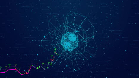 animación de formas geométricas y puntos de datos sobre un fondo azul oscuro