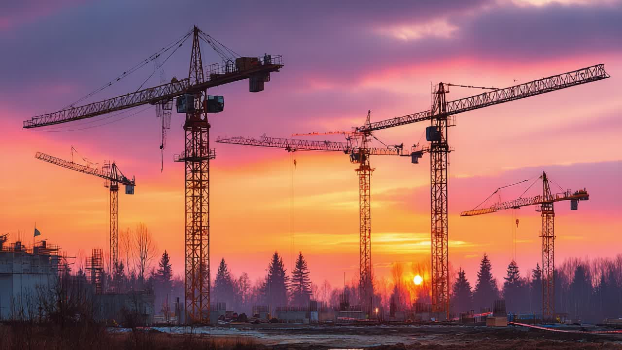 Dramatic Sunset Over Construction Site with Tower Cranes Silhouetted Against a Vibrant Sky, Signifying Urban Development and Progress