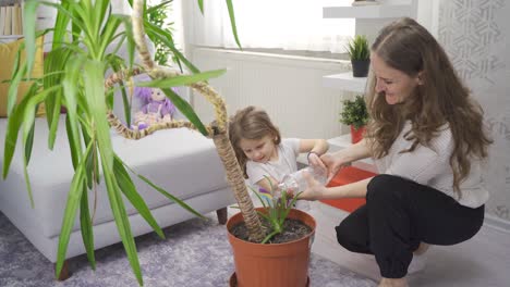 mother and daughter are watering flowers at home.