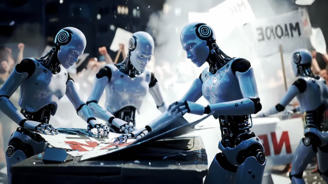 Robots Engaging in Activism: A Visual Experiment of Mechanical Beings Advocating for Change Amidst a Crowd of Sign-Waving Supporters in an Urban Setting