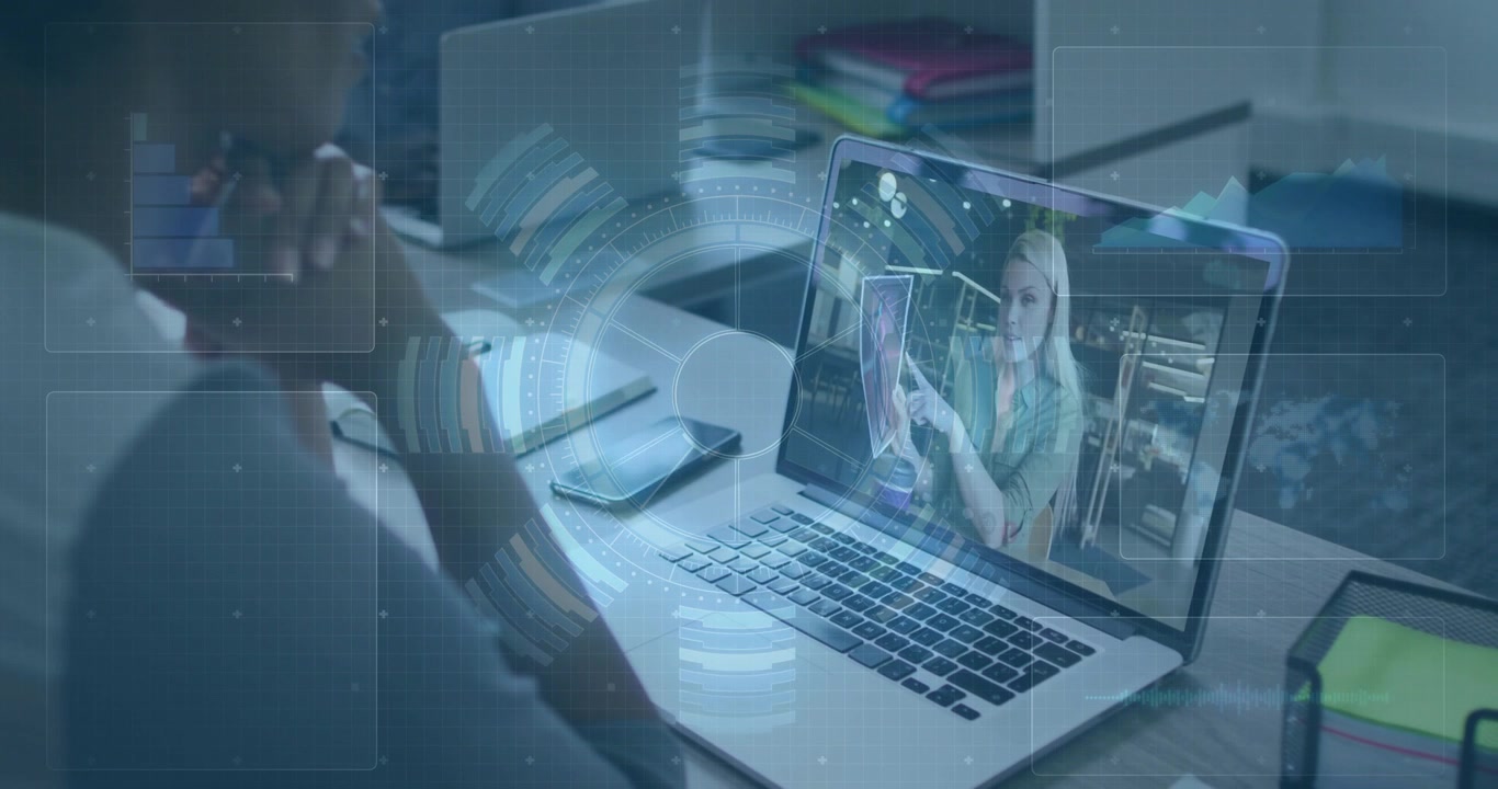 Host showing pages and pointing, viewer leaning toward laptop, UI overlays marking business data