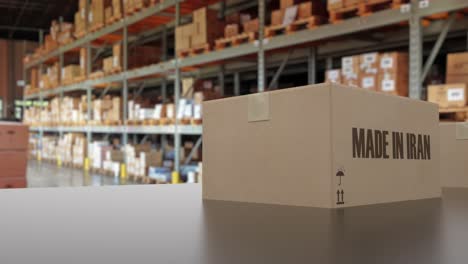 boxes with made in iran text on conveyor. iranian goods related loopable 3d animation