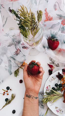 a hand holding a strawberry with a floral still life arrangement and tattoo