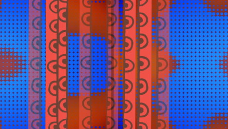 animation of orange patterned strips over grid of blue pixels changing size on orange background