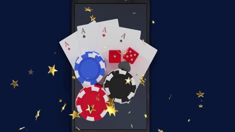 Animation-of-gold-stars-falling-over-casino-chips,-playing-cards,-two-red-dice-on-smartphone