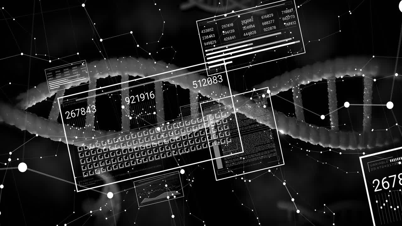 DNA strand with binary coding, scientific data processing in animation form