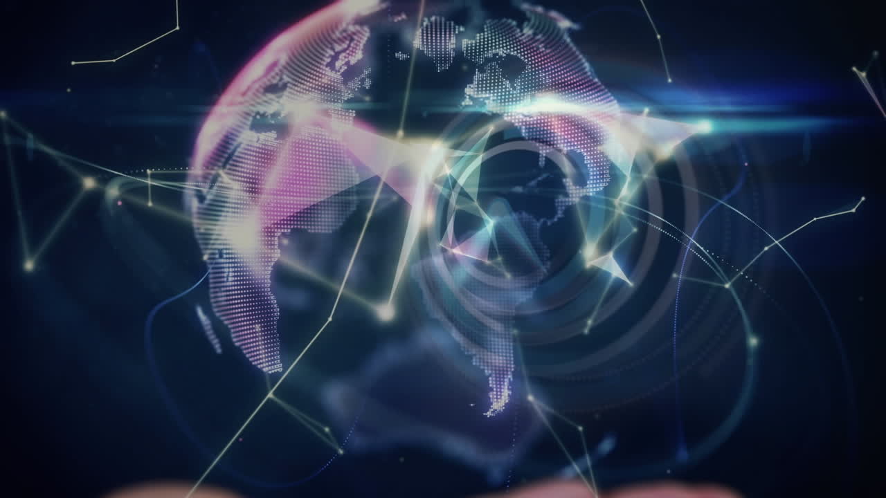 Animation of network of connections and scope on female hand