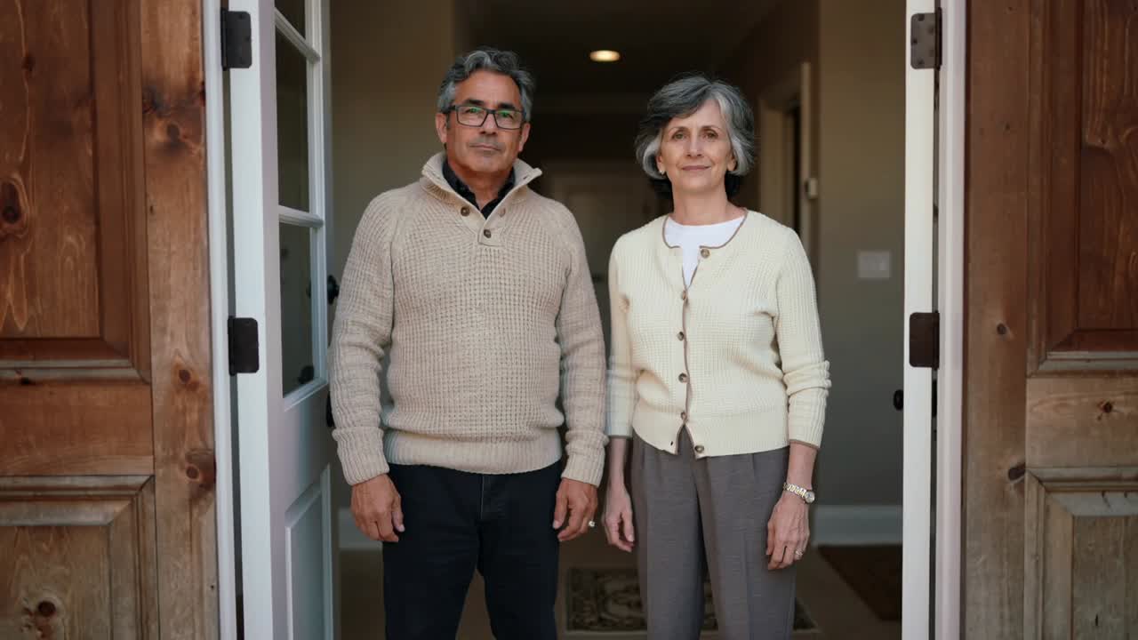 Cámara acercándose con zoom, pareja de ancianos de pie posando en la entrada, mostrando gafas y jersey