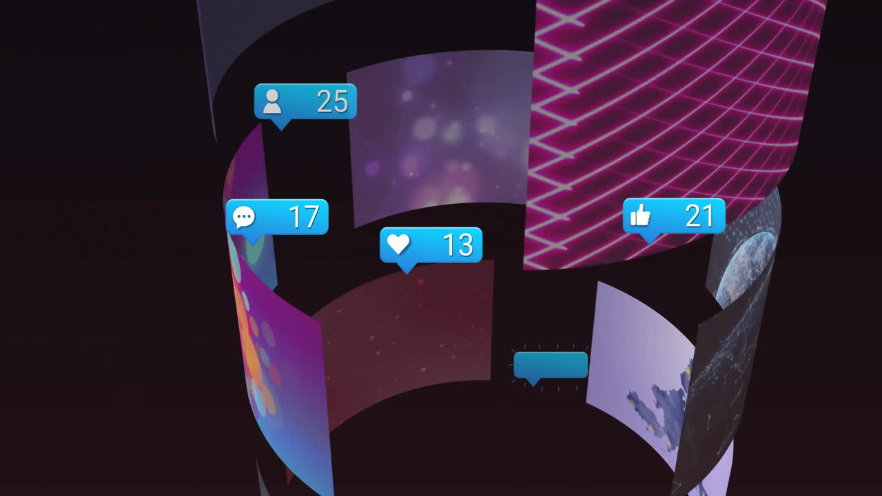 소셜 미디어 알림: 다양한 디지털 콘텐츠를 표시하는 구부러진 화면에 대한 애니메이션