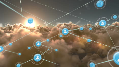animación de redes de conexiones con iconos sobre nubes y cielo