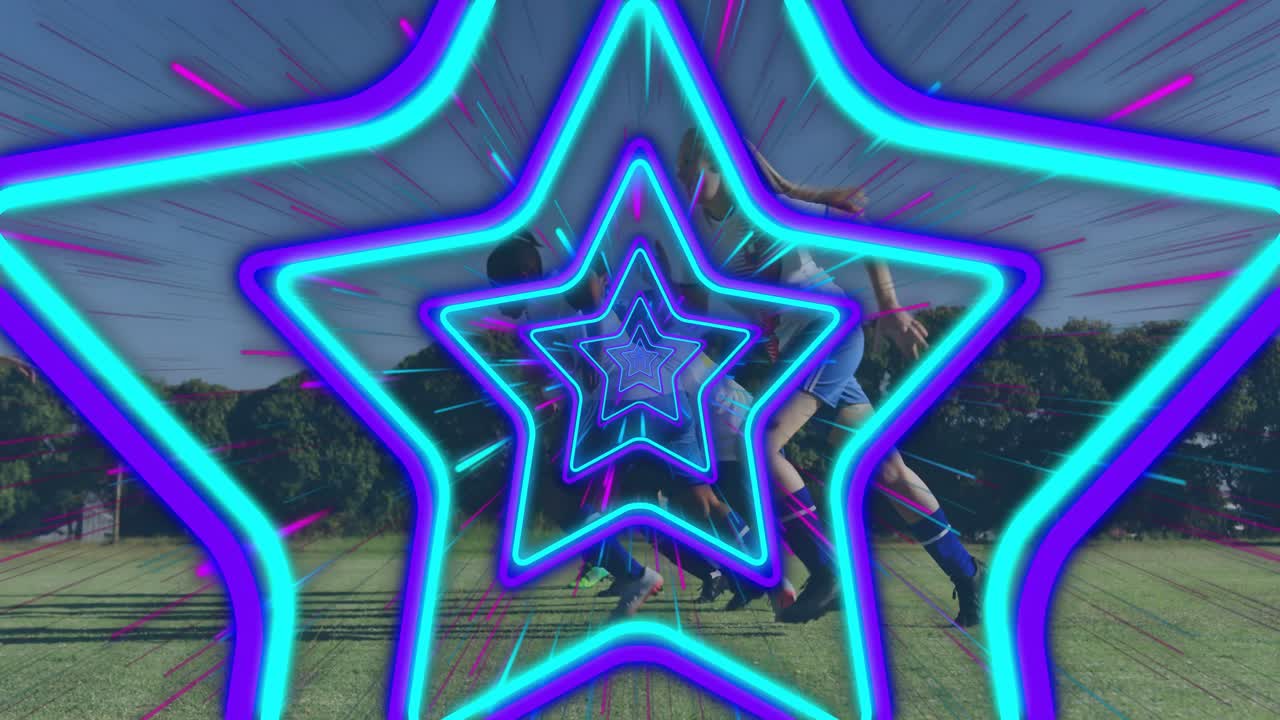 Stylized neon star graphic popping over field and guiding sprinting teammates into sports drill