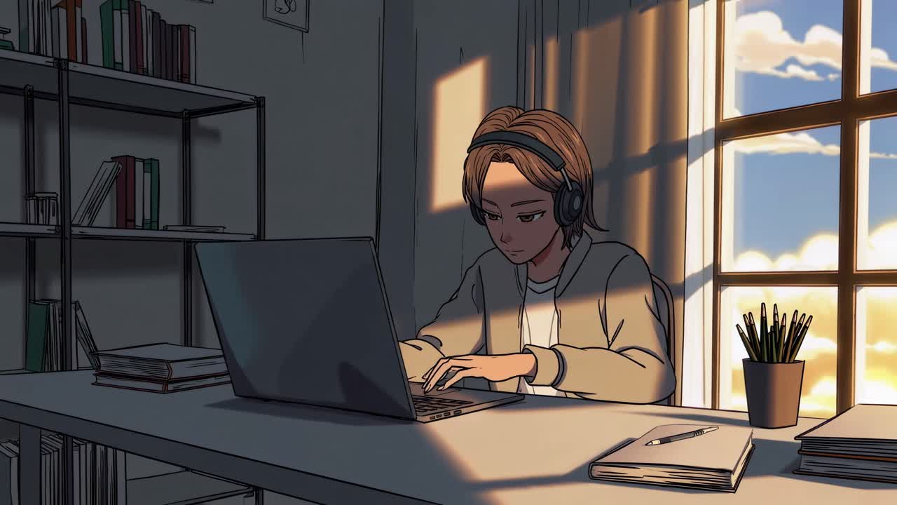 A cozy, low-angle video frame of a person with headphones working on a laptop by a sunlit window