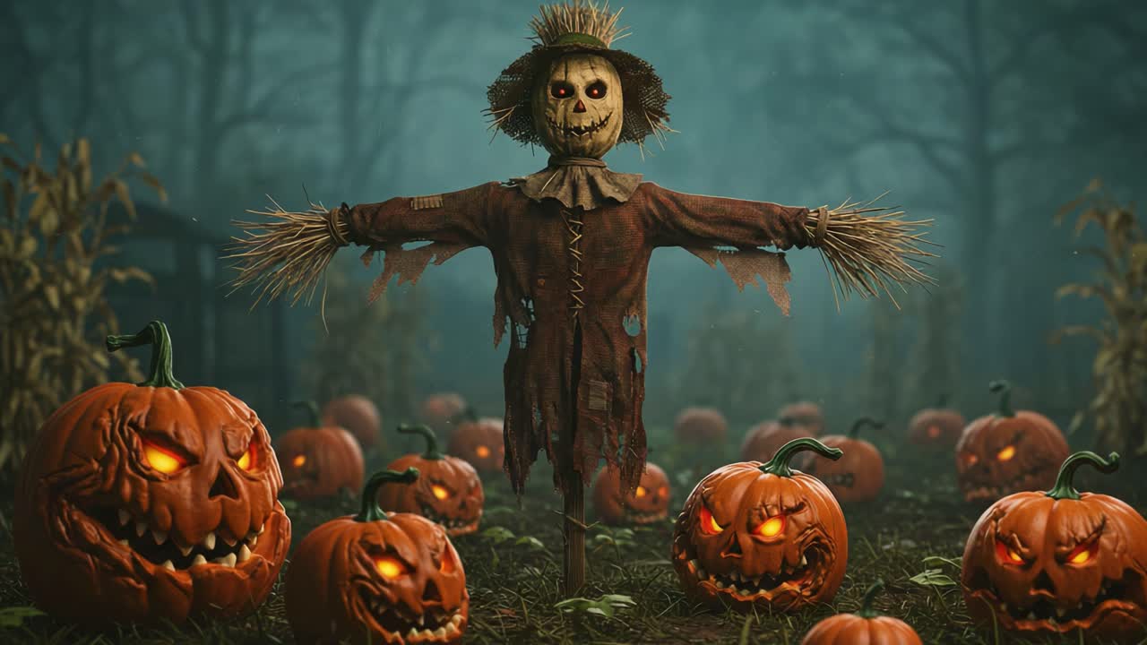 An Eerie Halloween Scene Featuring a Sinister Scarecrow Surrounded by Jack-o'-Lanterns in a Foggy Cornfield, Capturing the Essence of Spooky Festivities