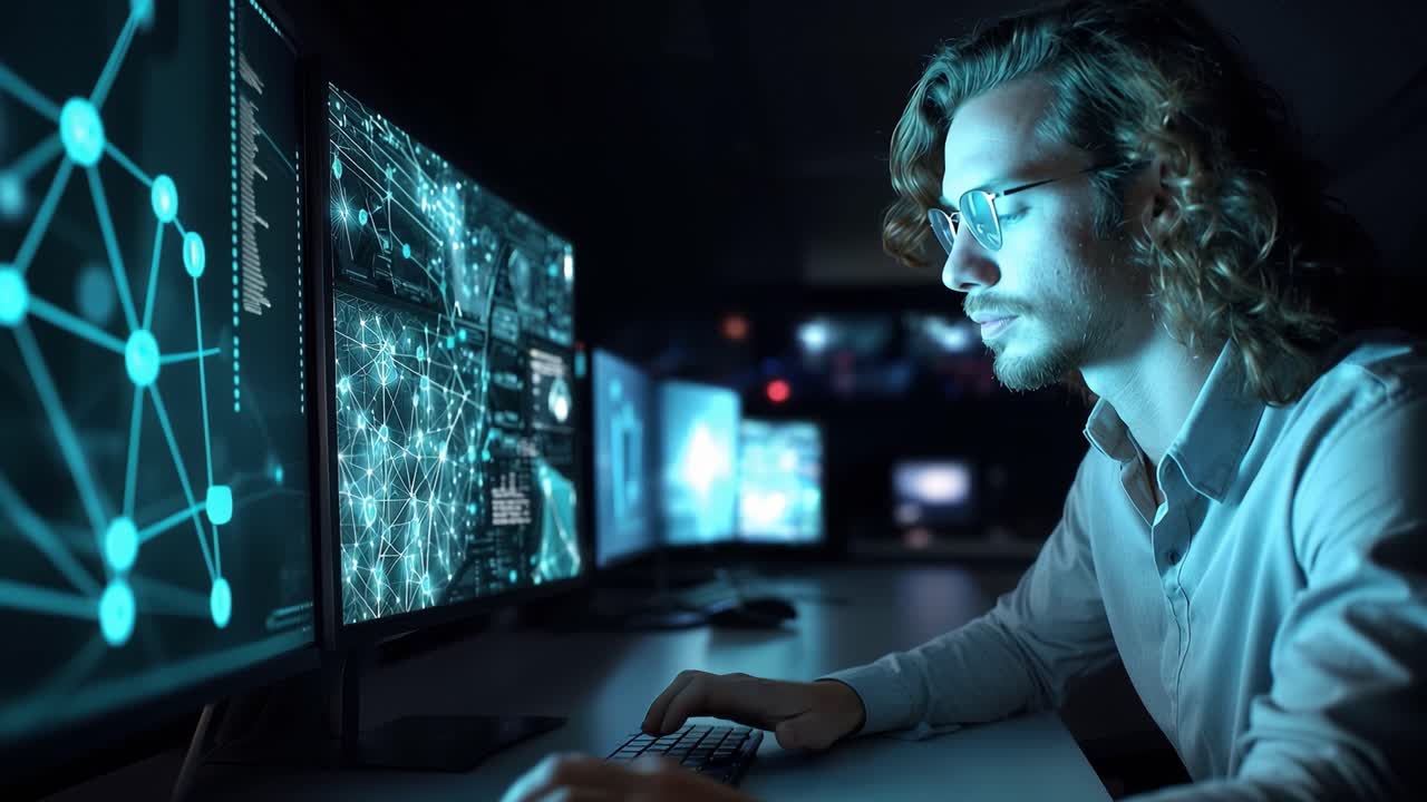 Focused Data Analyst Engaging with Complex Visualizations on Multiple Monitors in a Darkened Room, Showcasing Analytical Skills in Technology-Driven Environment