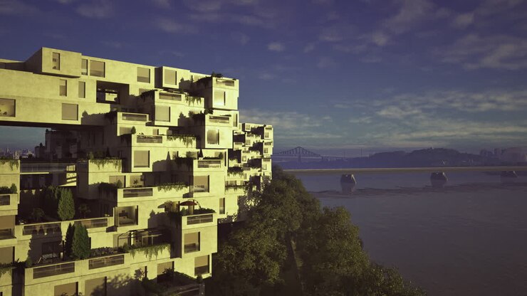 Edificio residencial moderno con vistas al río durante la hora dorada en la ciudad