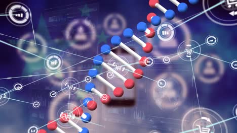 animación de la red de iconos digitales y estructura de adn giratoria contra el procesamiento de datos