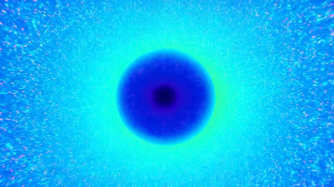 Disco astratto centrato con nucleo interno scuro e bordo luminoso brillante che mostra un cambiamento di colore visibile dal magenta e viola attraverso tonalità ciano, blu e verdi, con un campo radiale scintillante