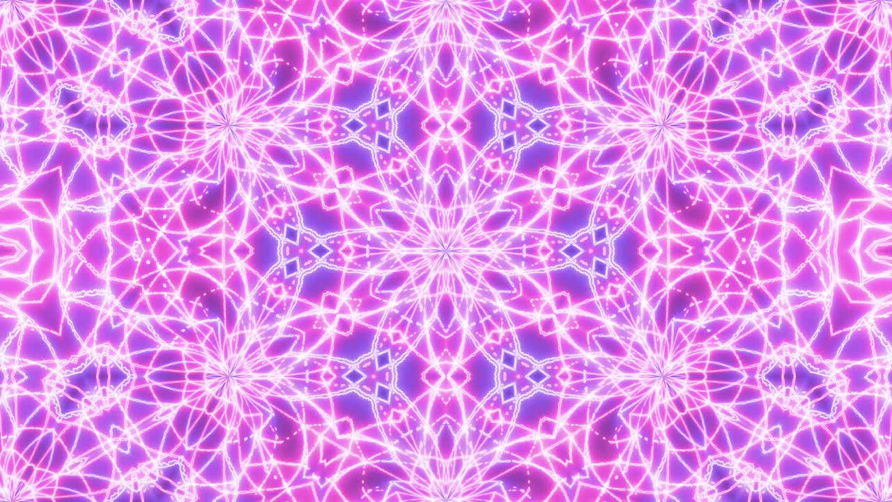 un hipnotizante caleidoscopio de animación de neón, vibrante con tonos de rosa y azul, donde las formas regulares bailan y se transforman en una impresionante exhibición de belleza y brillo