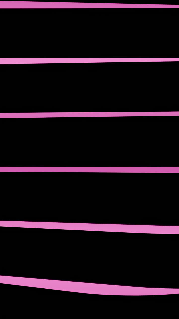 Gradini a nastro rosa impilati che scorrono su un palcoscenico scuro con bordi al neon, creando un'architettura a piattaforma stratificata. Design.