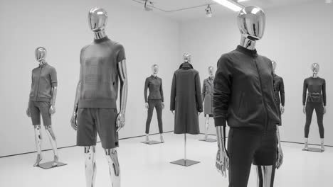 a display of trendy fashion mannequins showcasing modern apparel in a minimalistic white space with reflective surfaces and artistic arrangements