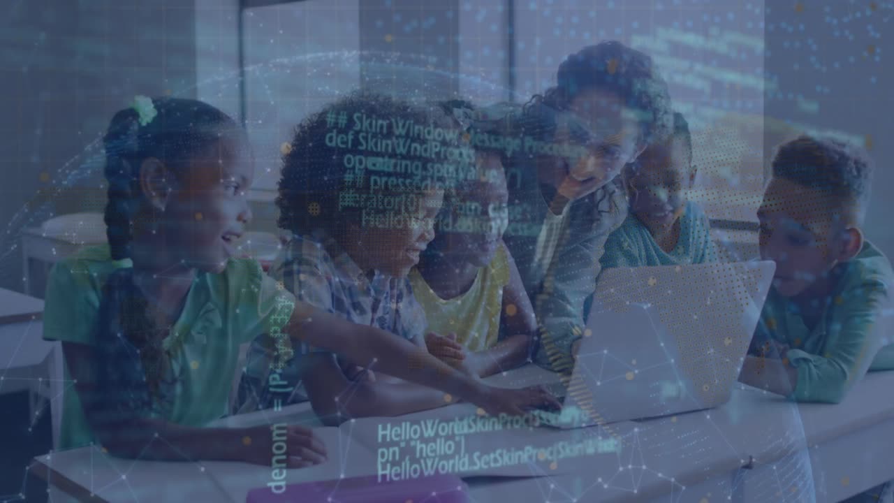 Animation of data processing over biracial teacher with diverse schoolchildren