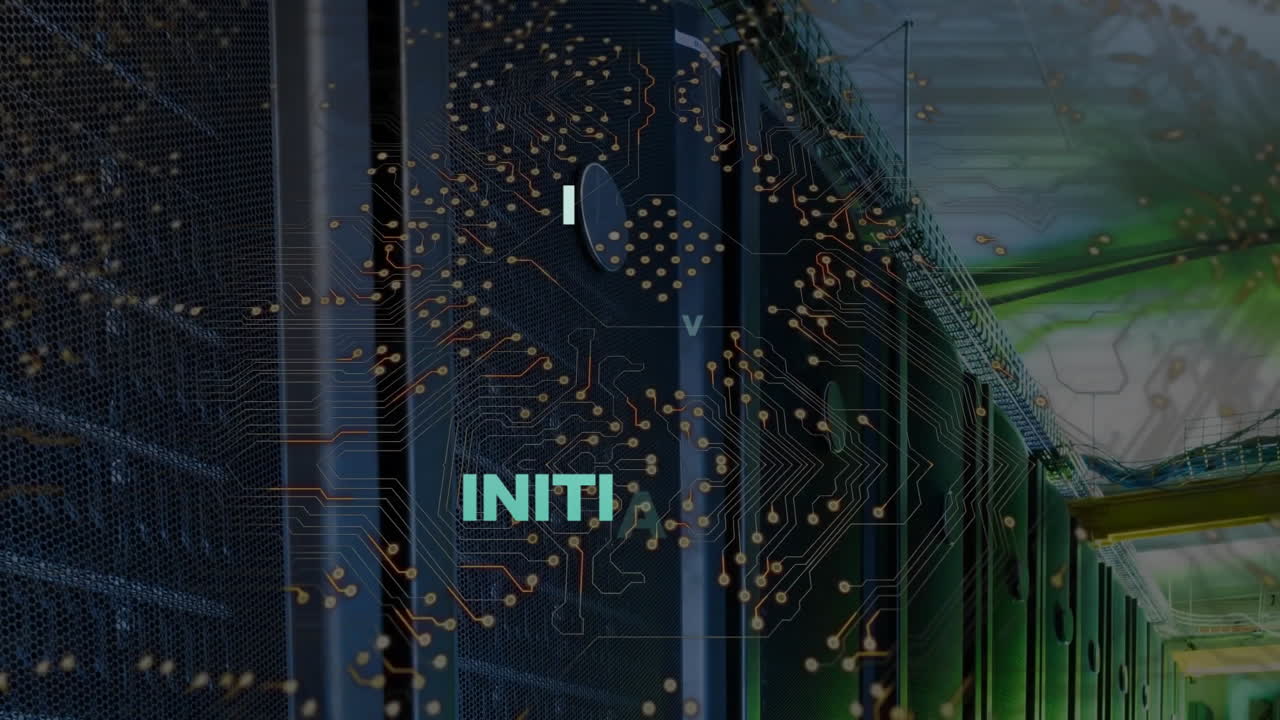 Animation of digital data processing and motivation text over computer servers