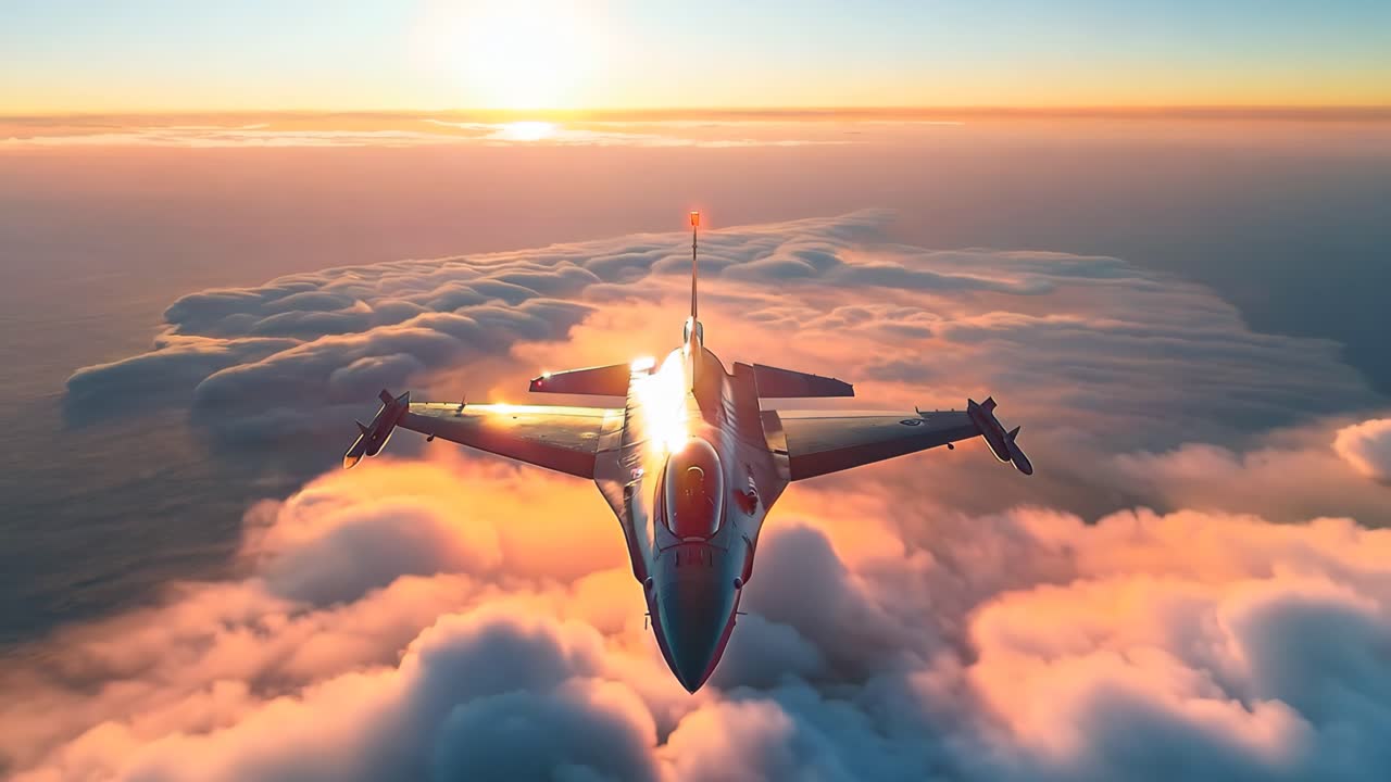 A fighter jet is flying through the sky with a beautiful sunset in the background. Concept of power and freedom, as the jet soars through the clouds