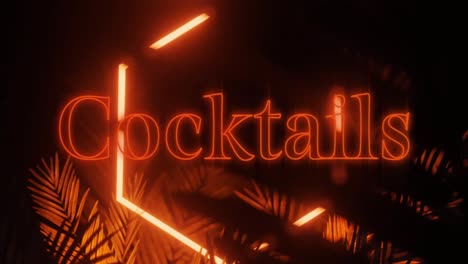 animation of cocktails text and hexagon in white neon, with palm leaves on black background