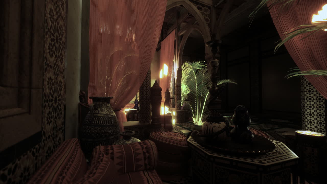 Cozy interior of a moroccan lounge with warm lighting and unique decor