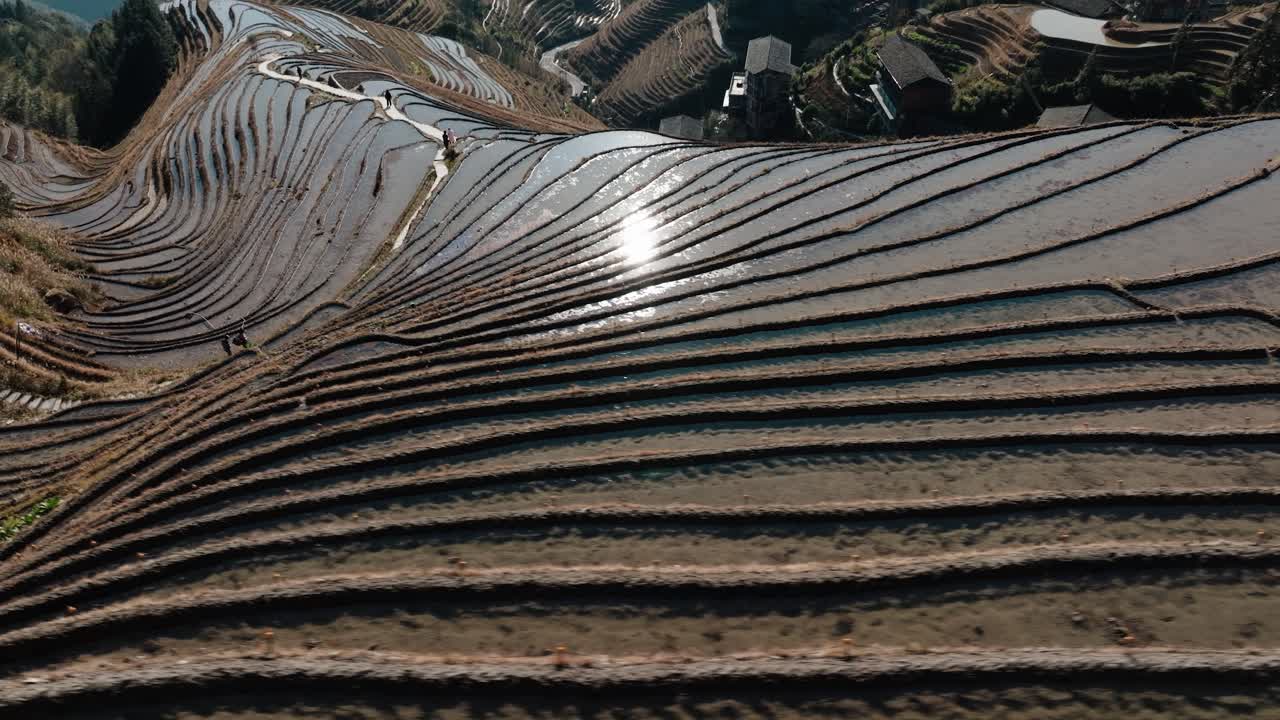 Drone tilt-up reveals reflective Longsheng rice terraces and hillside village near Guilin, China