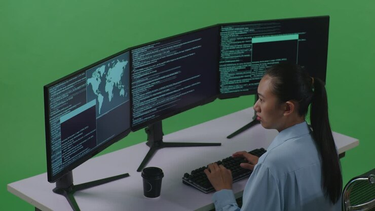 Sidebillede af asiatisk kvindelig udvikler, der koder på computer med flere skærme i et green screen-studie.