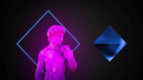 animación de busto de escultura antigua con glitch moviéndose sobre formas en fondo negro.